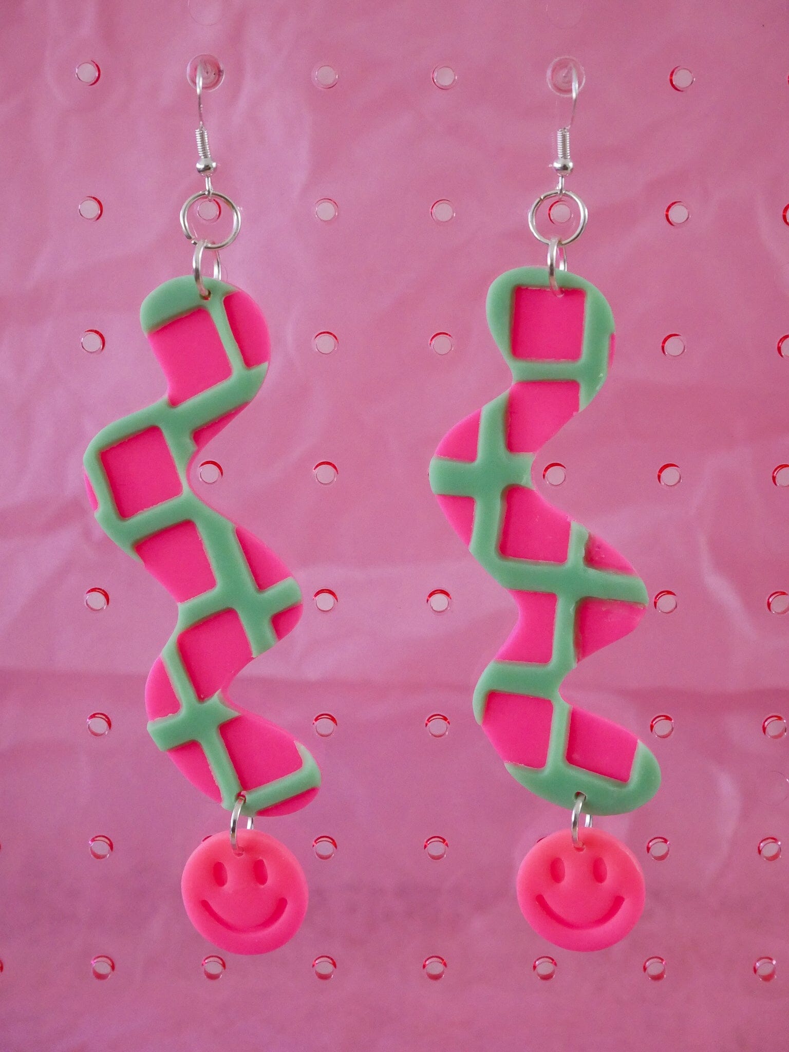 Neon Pink and Mint Green Waffle Smile Squiggles Dangle Earrings Love Hand and Heart 