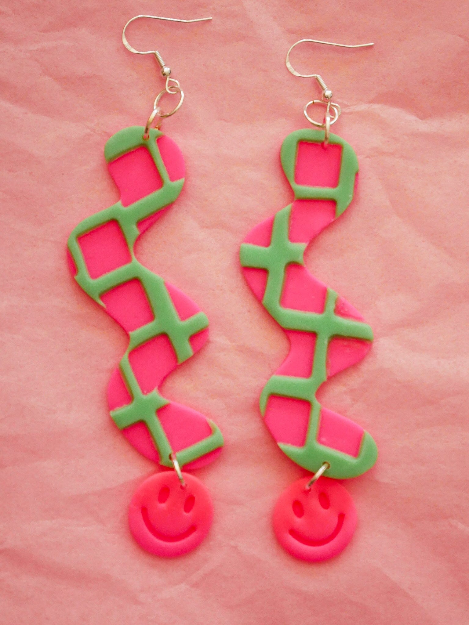 Neon Pink and Mint Green Waffle Smile Squiggles Dangle Earrings Love Hand and Heart 