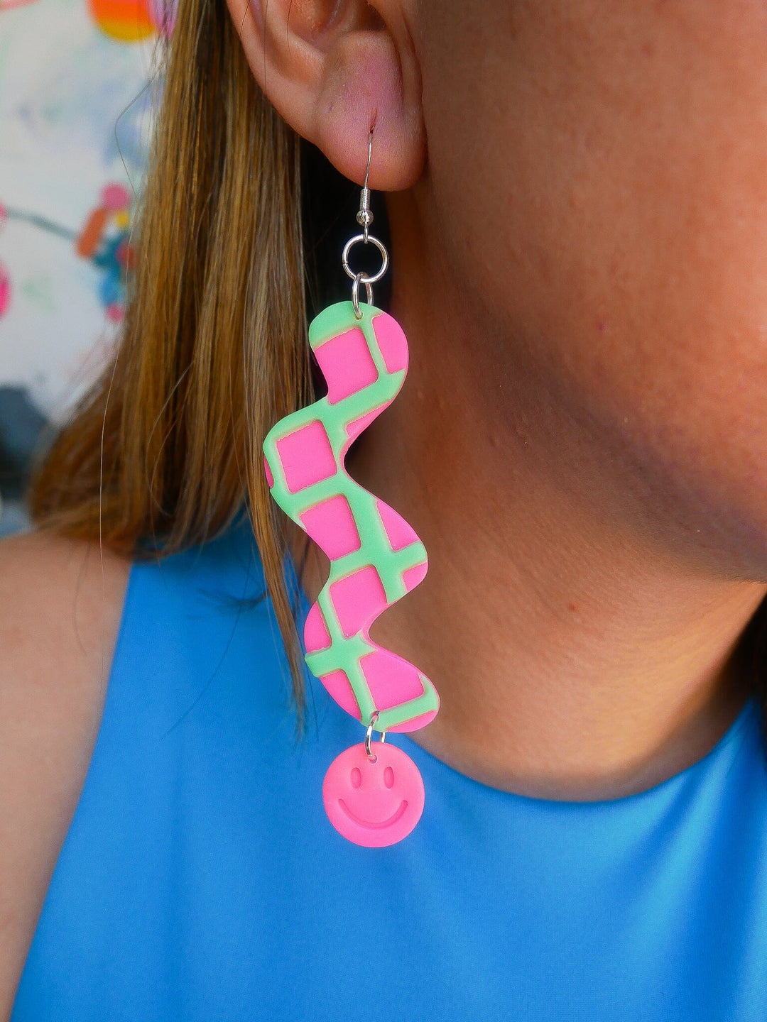 Neon Pink and Mint Green Waffle Smile Squiggles Dangle Earrings Love Hand and Heart 