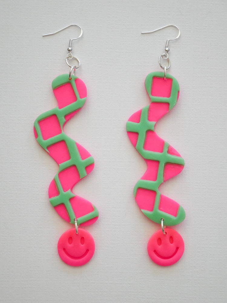 Neon Pink and Mint Green Waffle Smile Squiggles Dangle Earrings Love Hand and Heart 