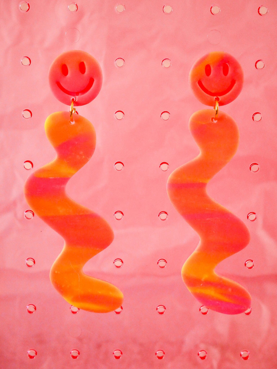 Neon Pink and Yellow Smile Squiggles Dangle Earrings Love Hand and Heart 