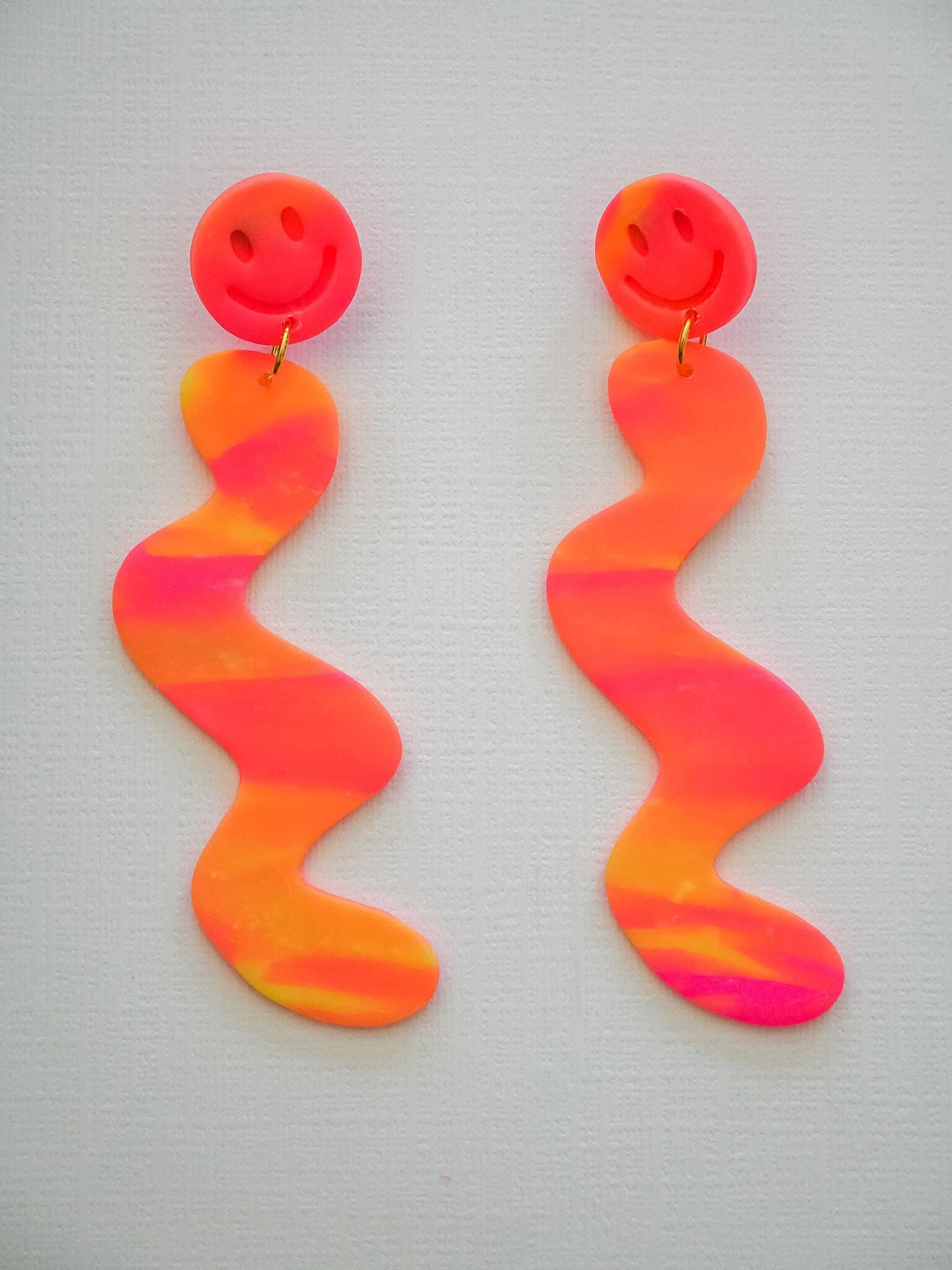 Neon Pink and Yellow Smile Squiggles Dangle Earrings Love Hand and Heart 