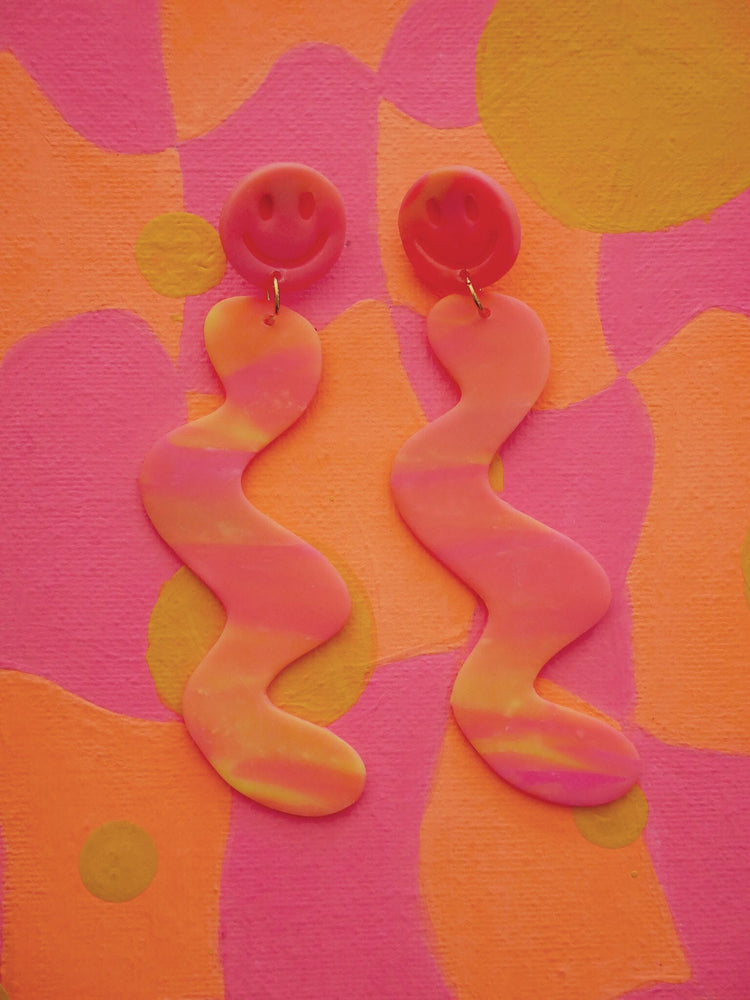 Neon Pink and Yellow Smile Squiggles Dangle Earrings Love Hand and Heart 