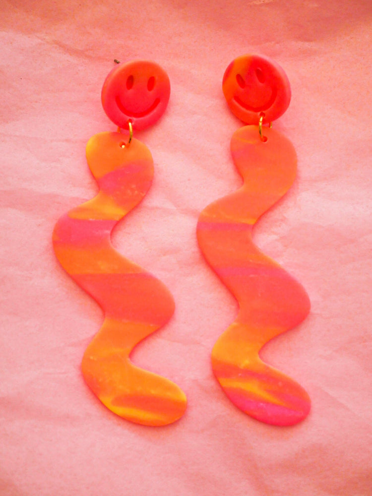 Neon Pink and Yellow Smile Squiggles Dangle Earrings Love Hand and Heart 