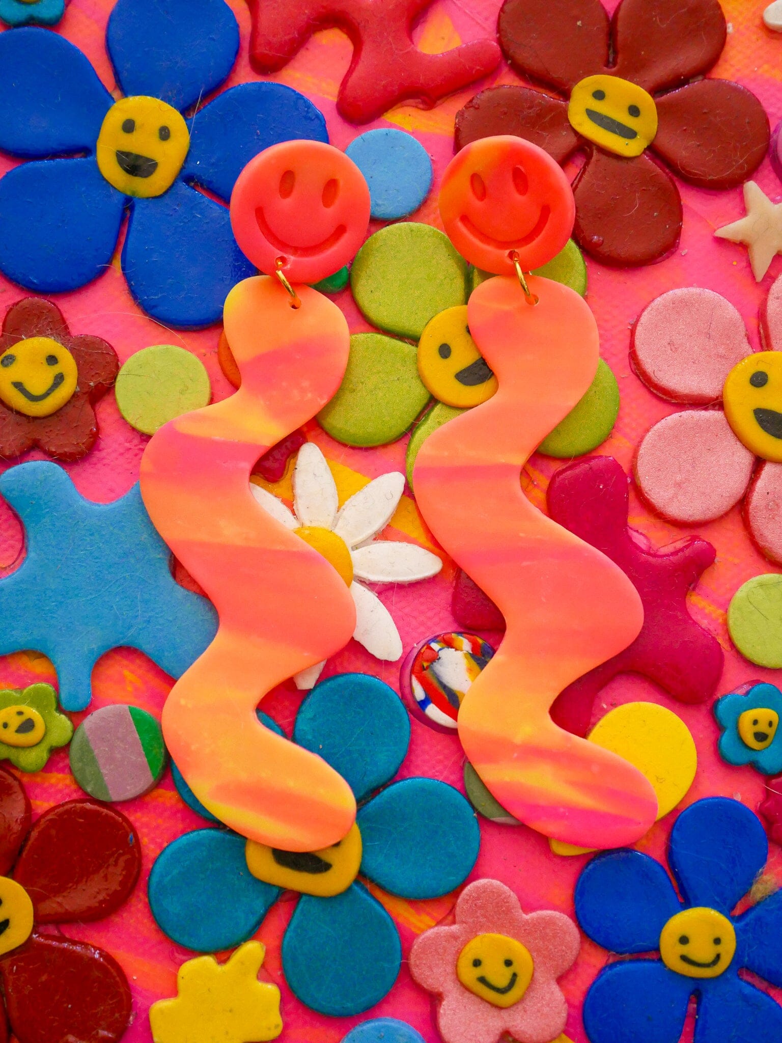 Neon Pink and Yellow Smile Squiggles Dangle Earrings Love Hand and Heart 