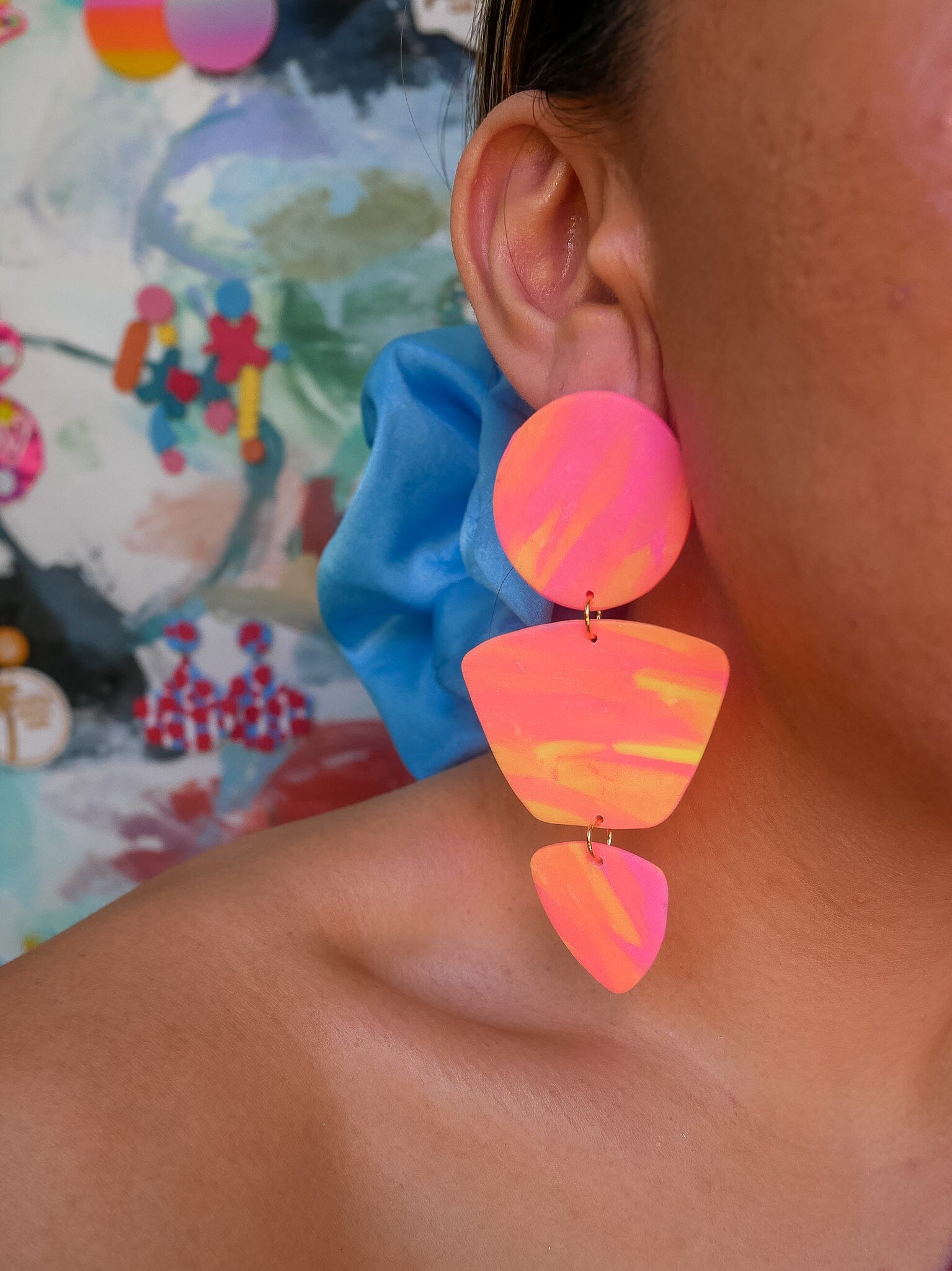 Neon Pink Marble Zoe Dangle Earrings Love Hand and Heart 