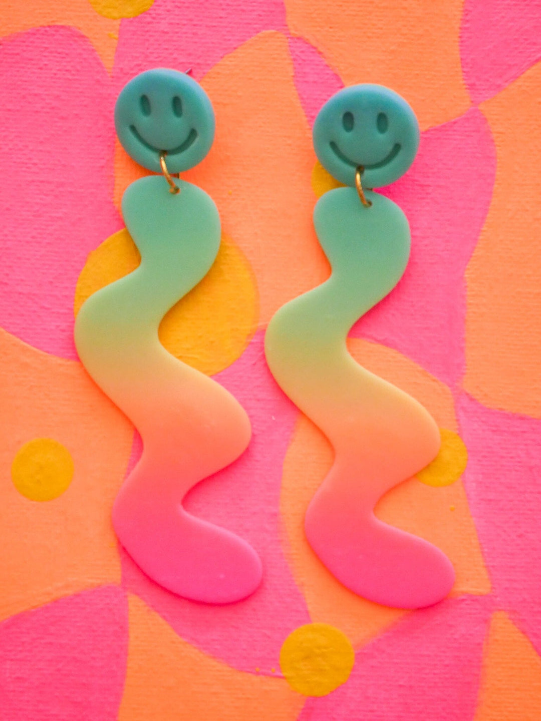 Neon Rainbow Smile Squiggles Dangle Earrings Love Hand and Heart 