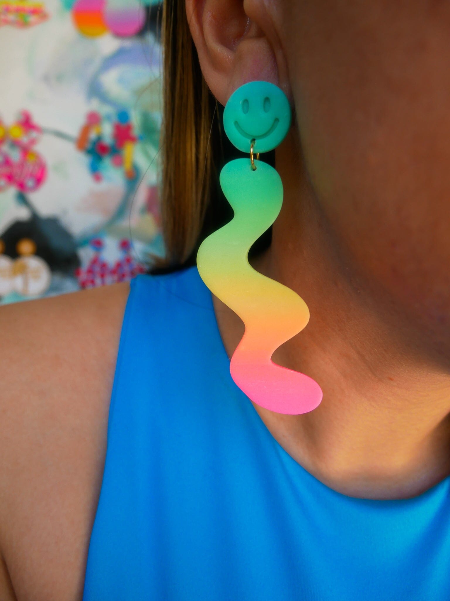 Neon Rainbow Smile Squiggles Dangle Earrings Love Hand and Heart 