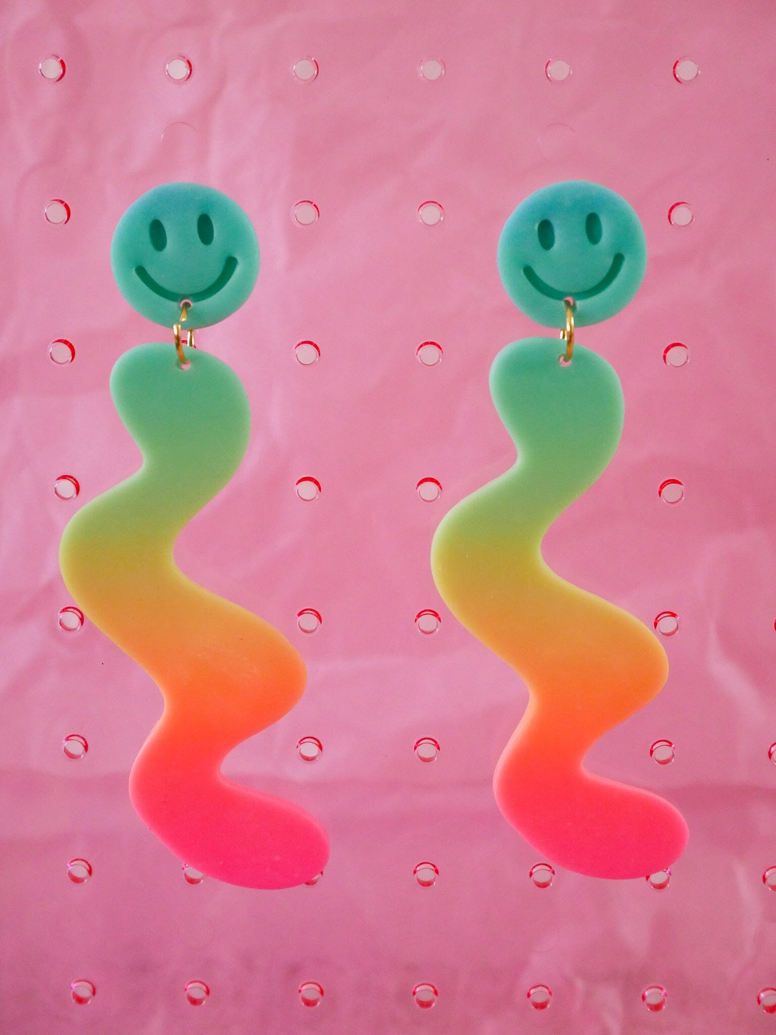 Neon Rainbow Smile Squiggles Dangle Earrings Love Hand and Heart 