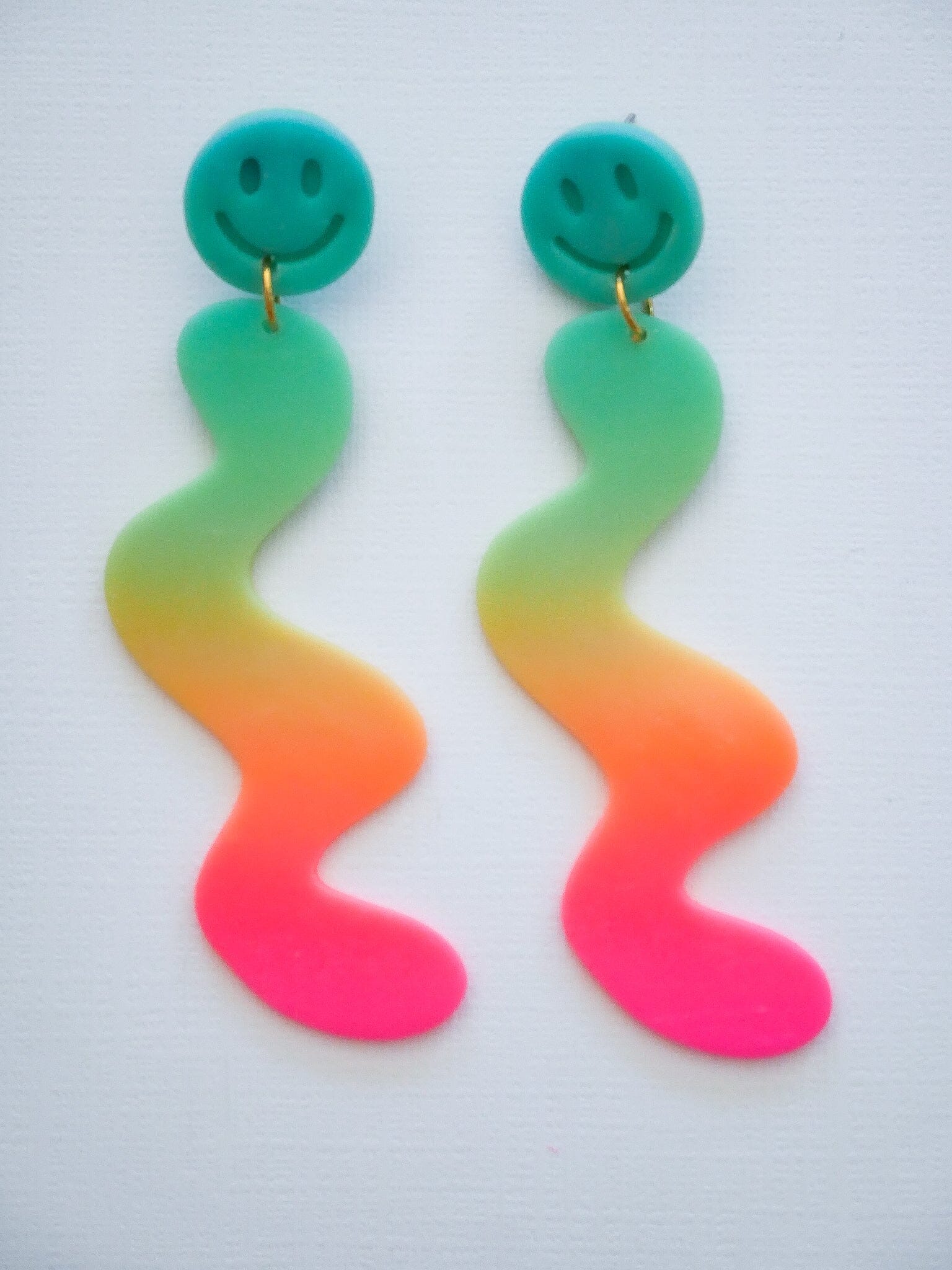 Neon Rainbow Smile Squiggles Dangle Earrings Love Hand and Heart 