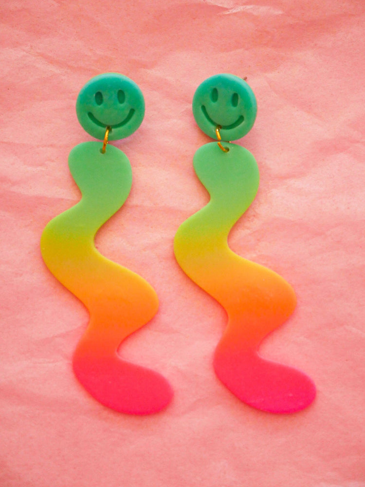 Neon Rainbow Smile Squiggles Dangle Earrings Love Hand and Heart 