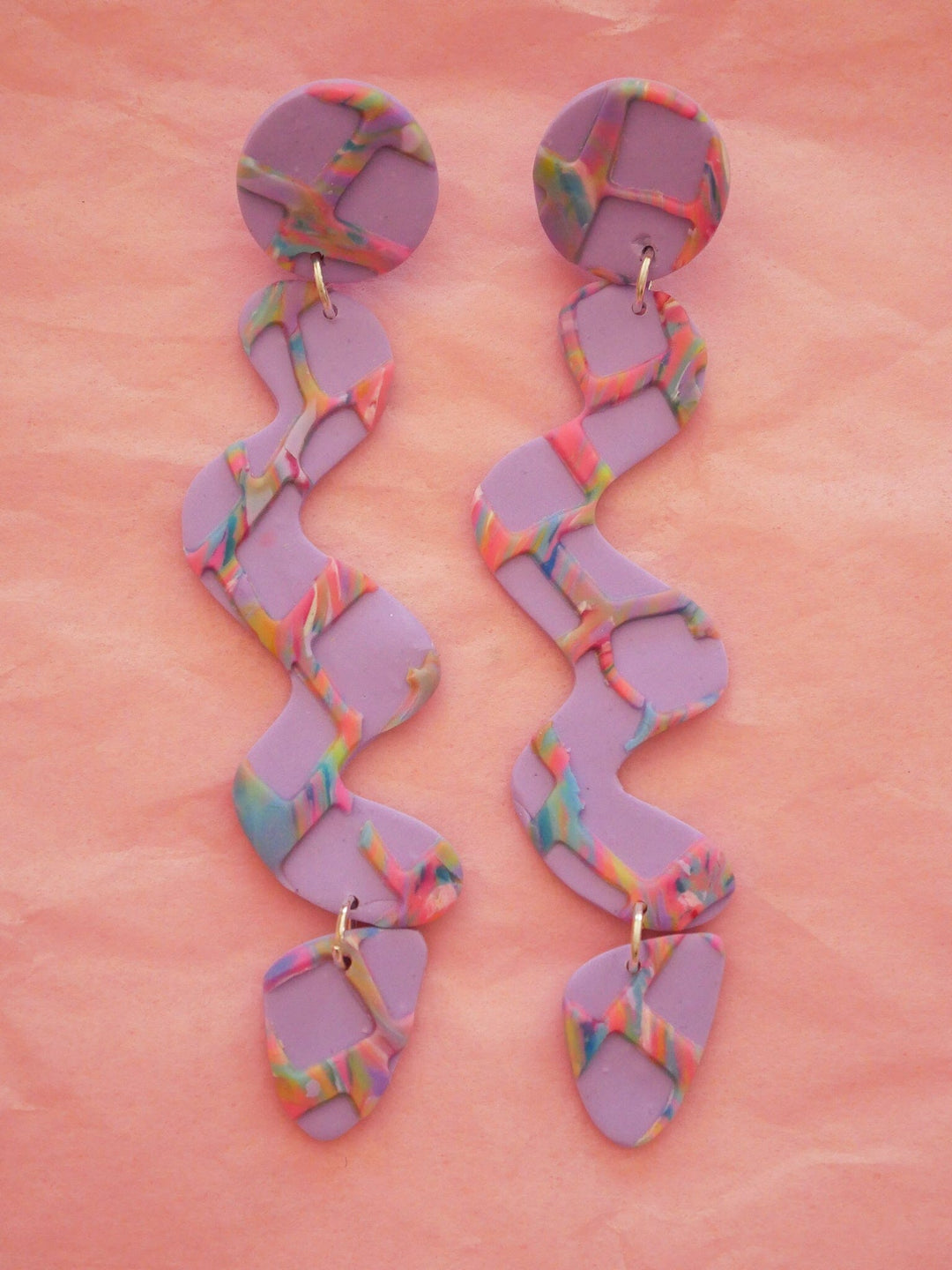 Purple Waffle Squiggles Dangle Earrings Love Hand and Heart 