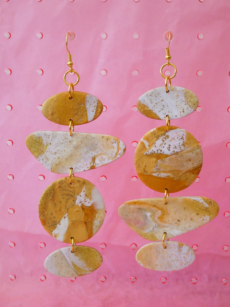 XL Gold Marble Stackers Dangle Earrings Love Hand and Heart 