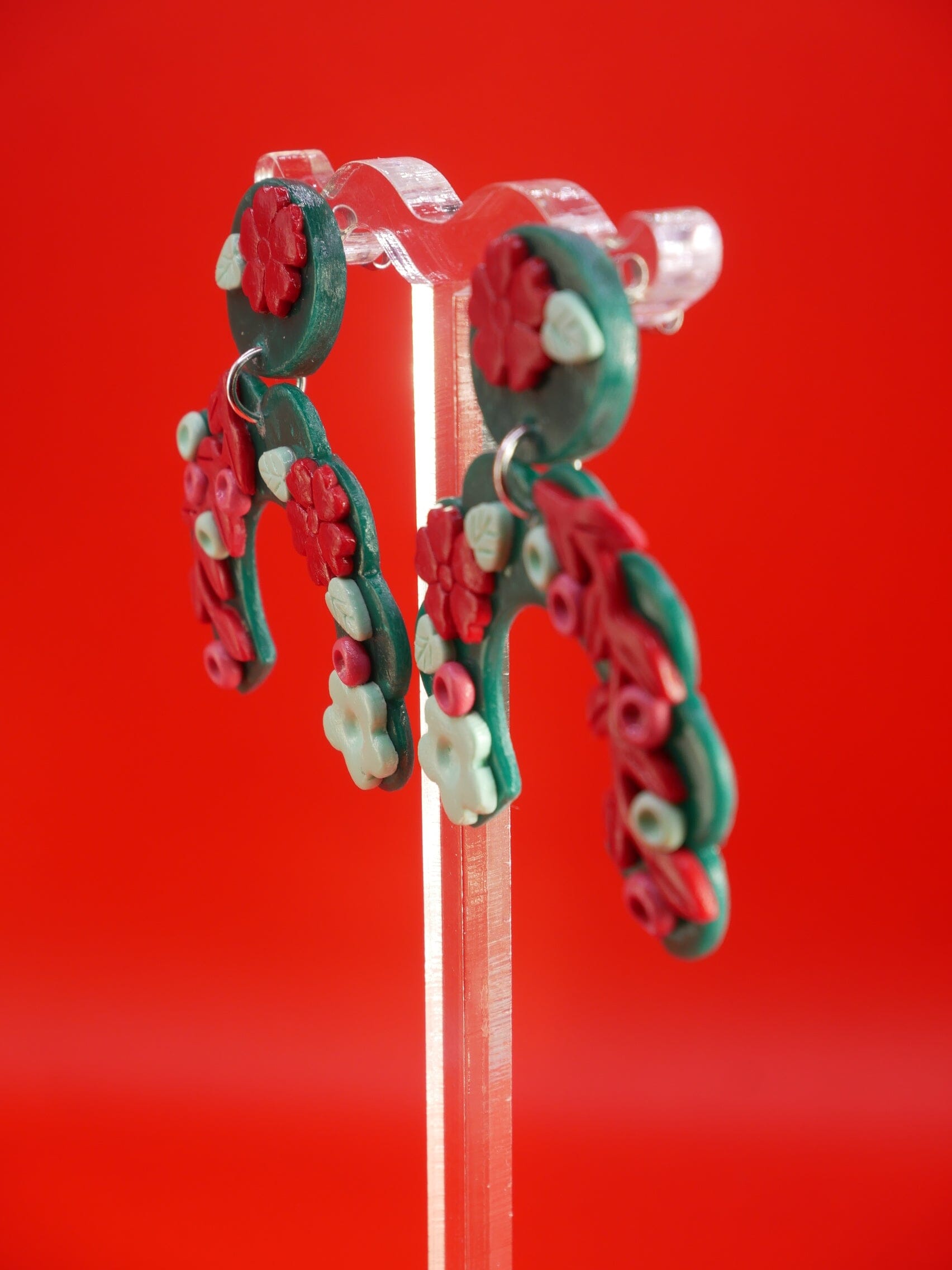 Green + Red Floral Arch earrings Love Hand and Heart 