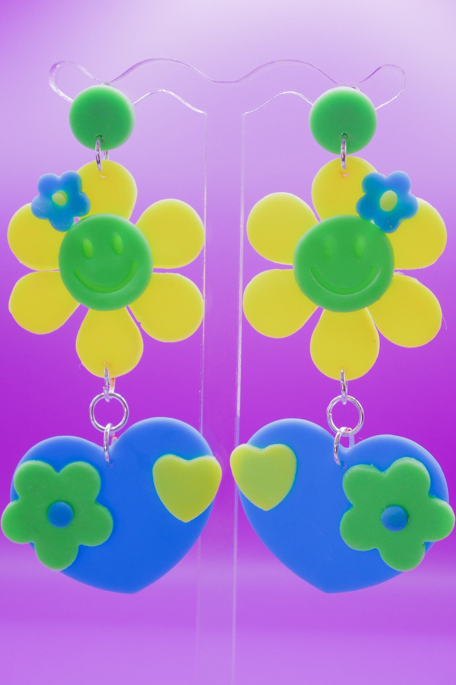Hearts in Bloom Baby Blue + Neon Yellow Earrings Love Hand and Heart 