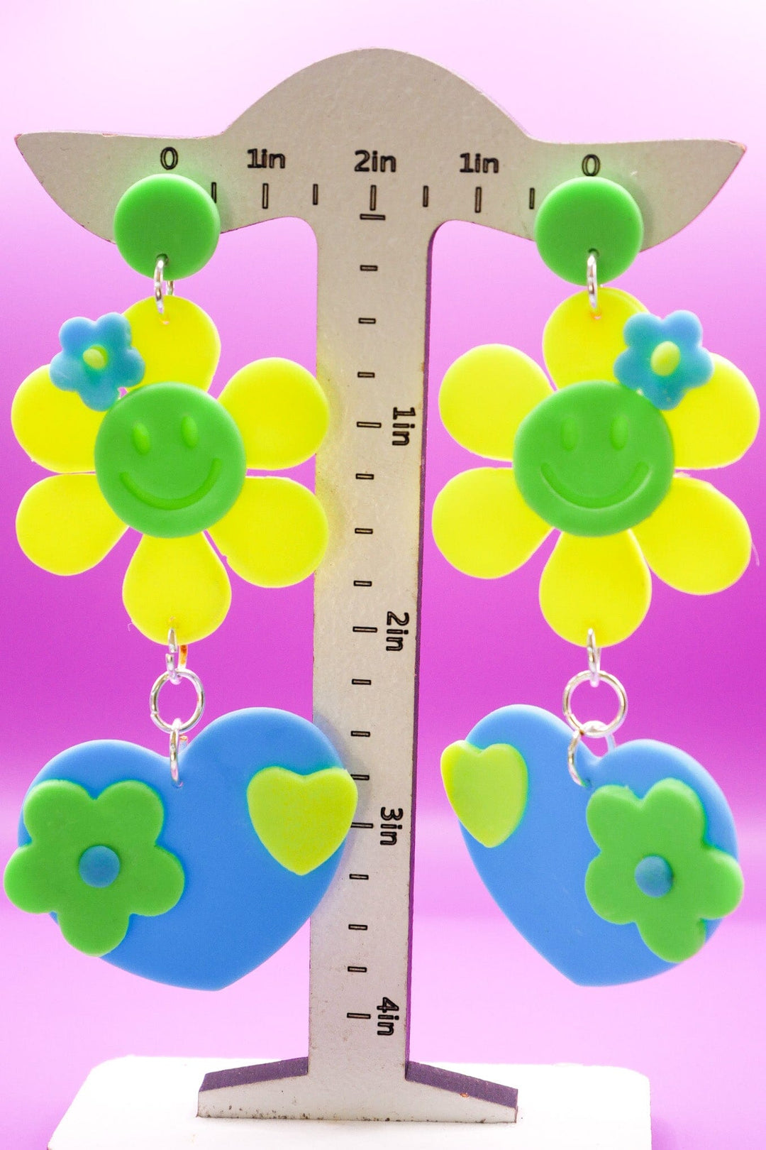 Hearts in Bloom Baby Blue + Neon Yellow Earrings Love Hand and Heart 
