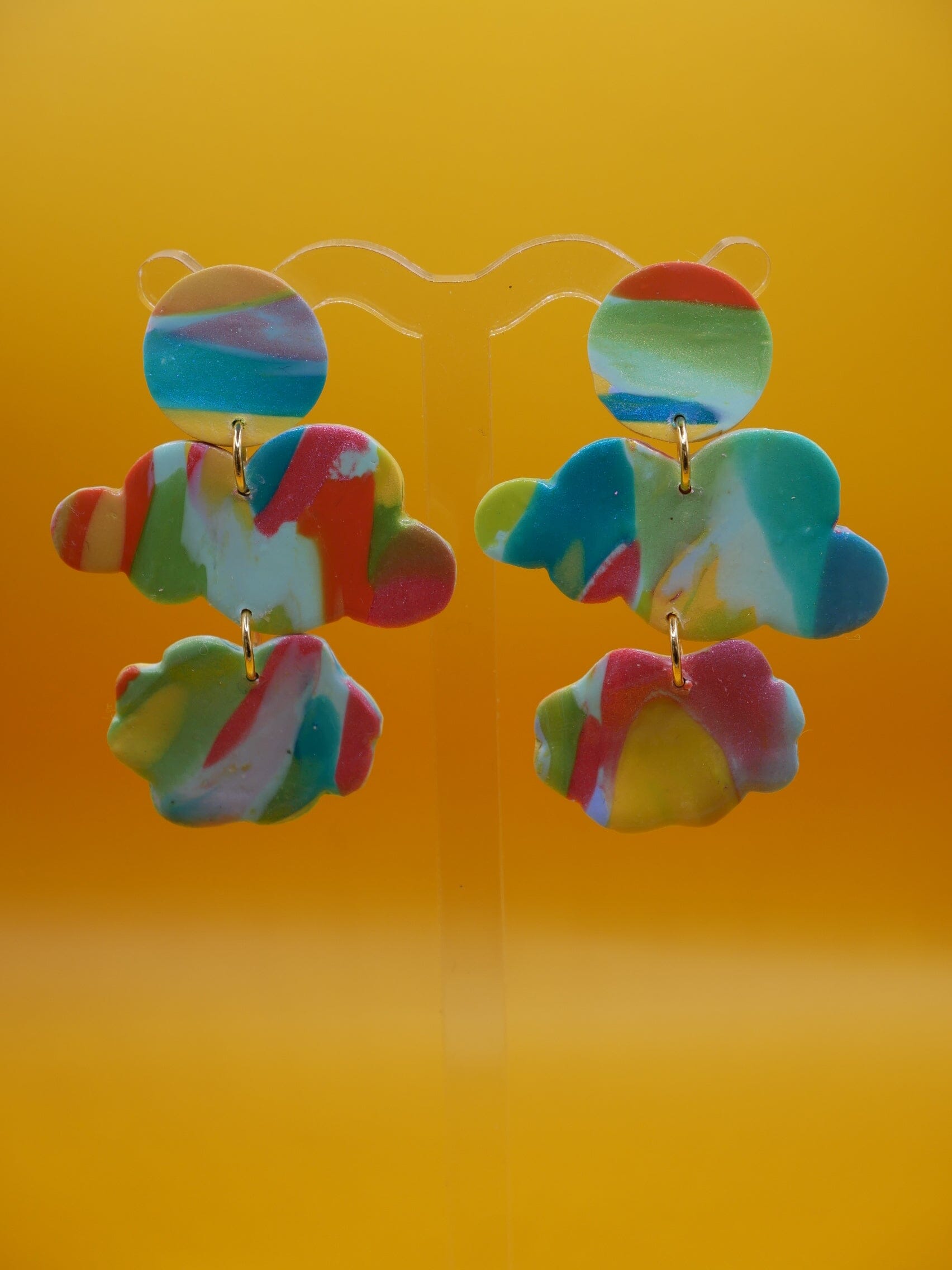 Rainbow Marble Clouds earrings Love Hand and Heart 
