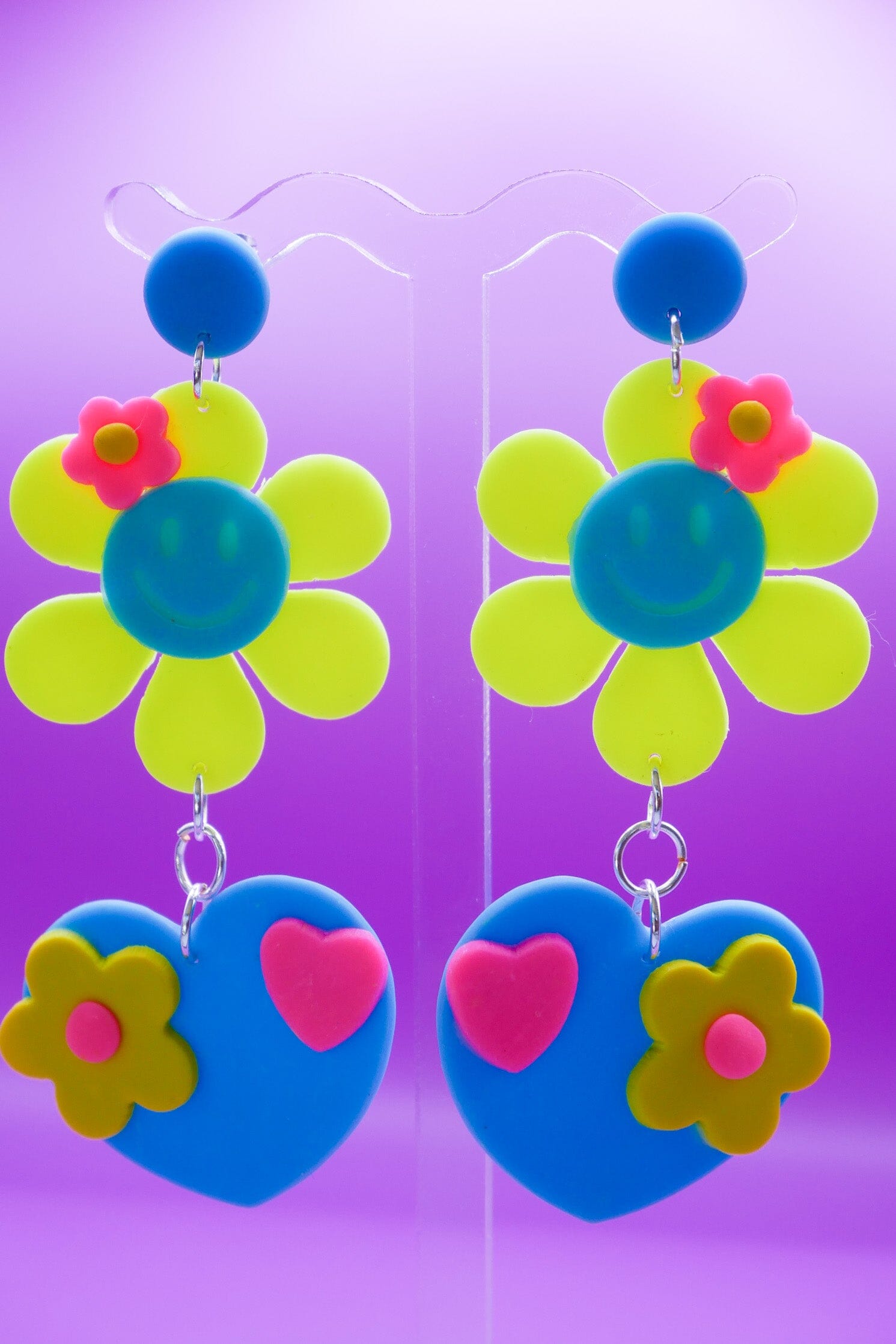 Smiley Hearts in Bloom Baby Blue Face Earrings Love Hand and Heart 