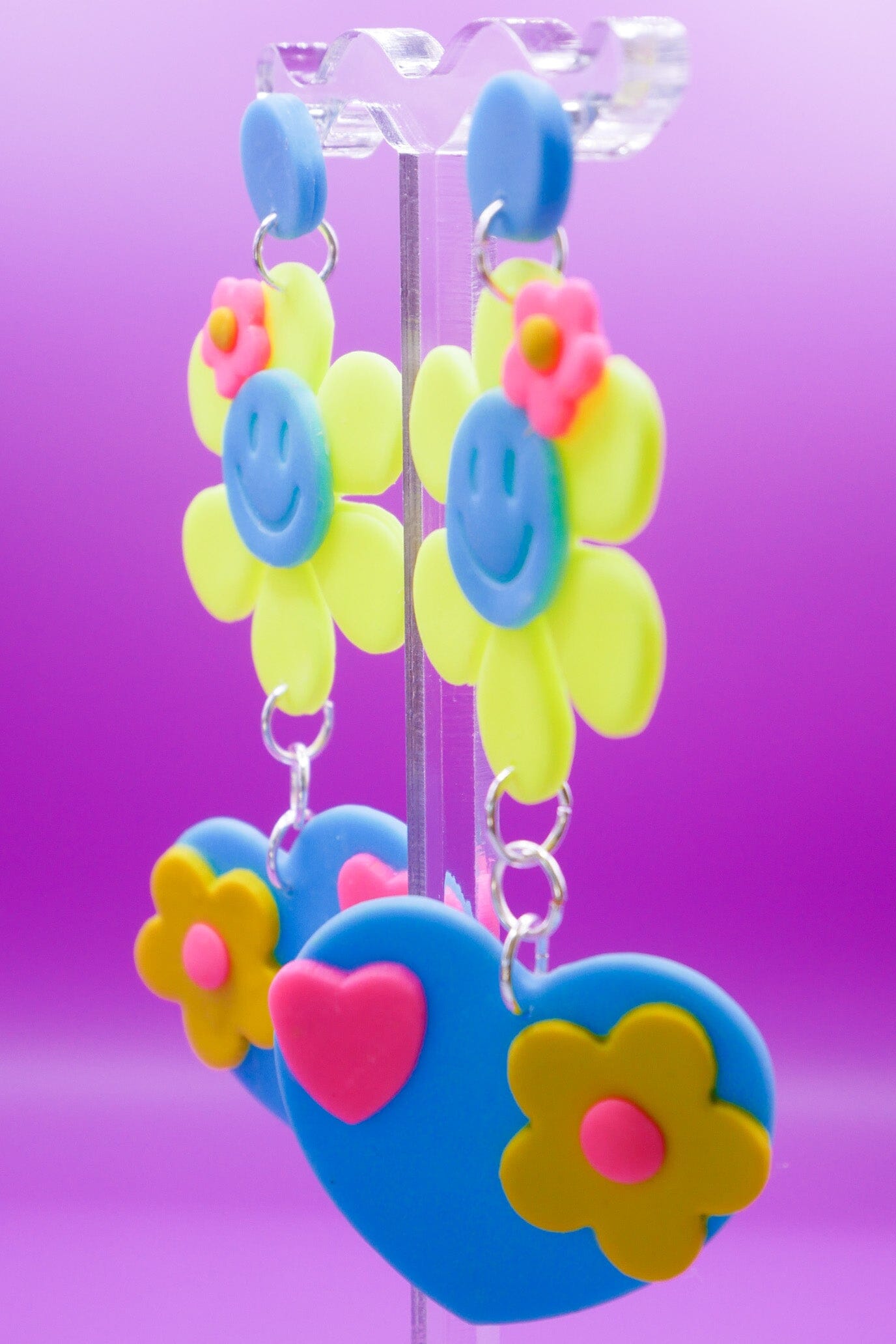Smiley Hearts in Bloom Baby Blue Face Earrings Love Hand and Heart 