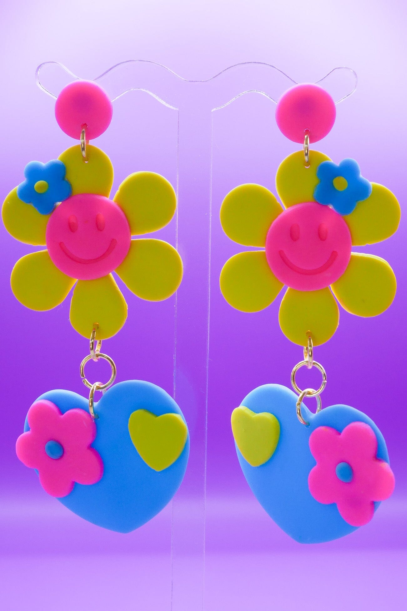 Smiley Hearts in Bloom Hot Pink Face Earrings Love Hand and Heart 