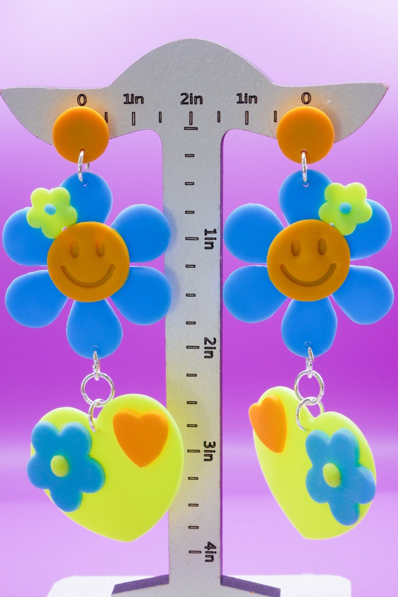 Smiley Hearts in Bloom Neon Yellow + Baby Blue Earrings Love Hand and Heart 