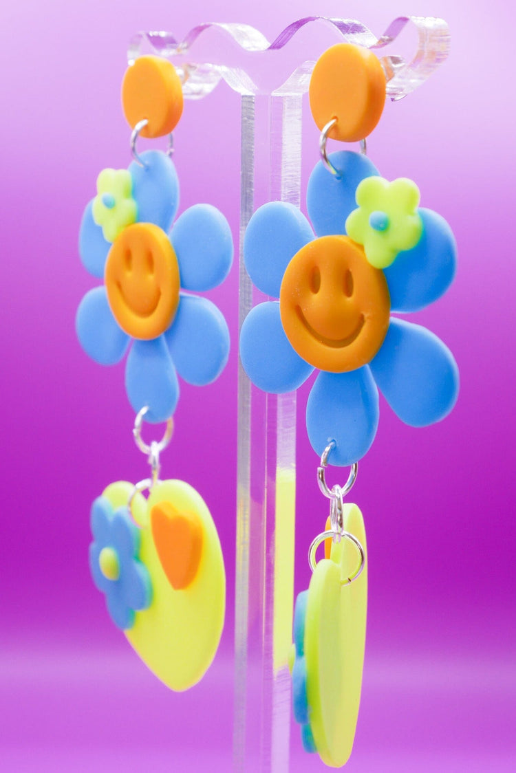 Smiley Hearts in Bloom Neon Yellow + Baby Blue Earrings Love Hand and Heart 