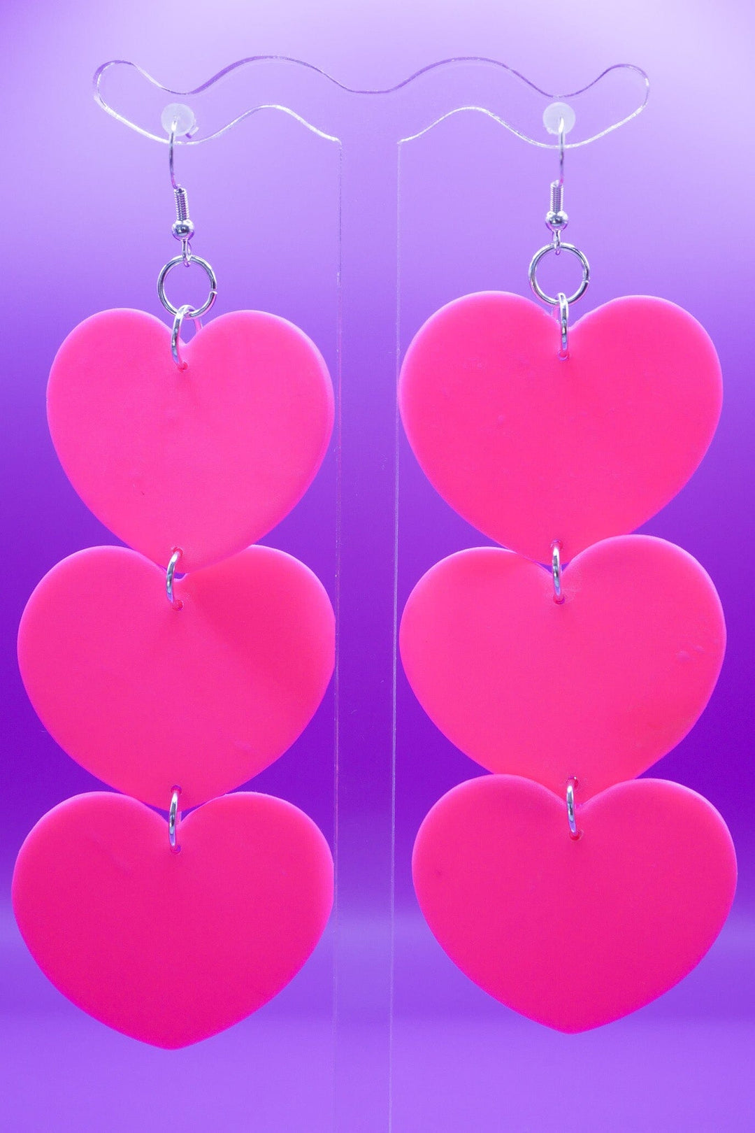 XL Hot Pink Hearts Earrings Love Hand and Heart 