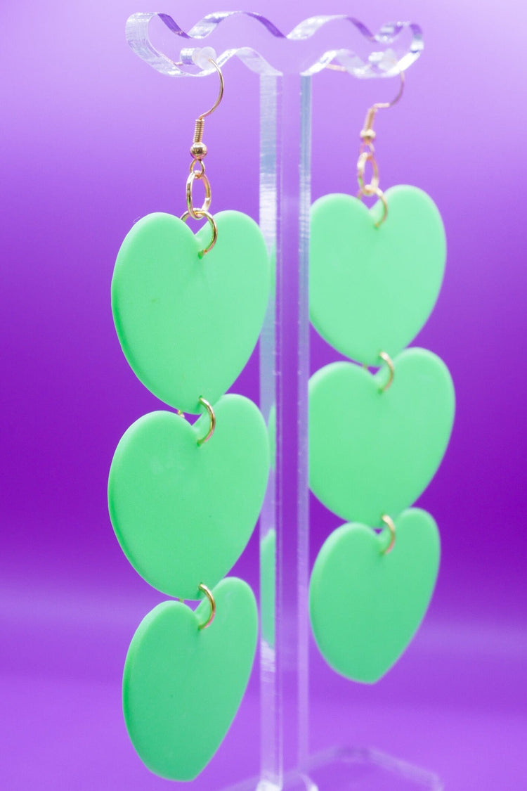 XL Mint Green Hearts Earrings Love Hand and Heart 