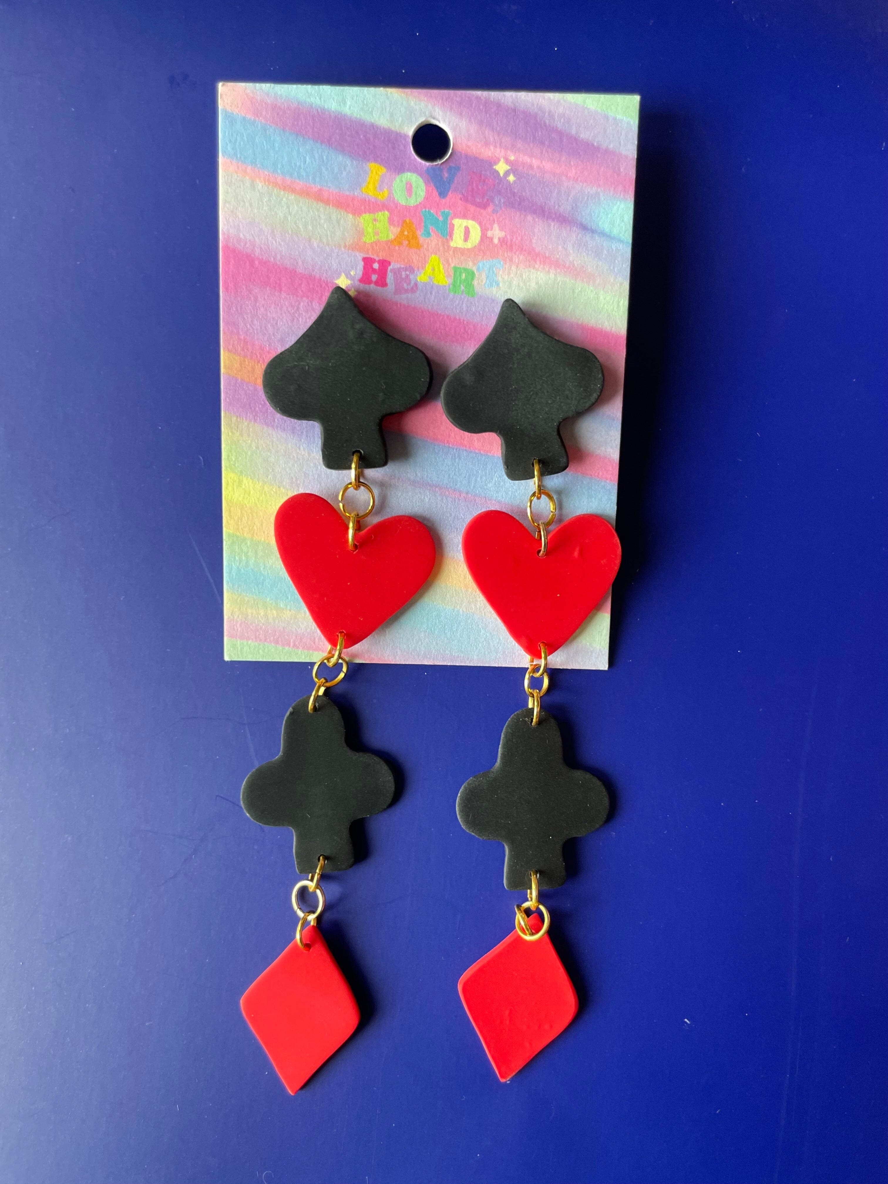 XL Playing Card Suit earrings Love Hand and Heart 
