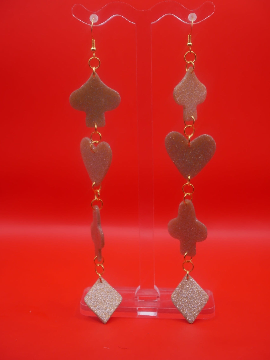 XL Playing Card Suit earrings Love Hand and Heart Gold Glitter 