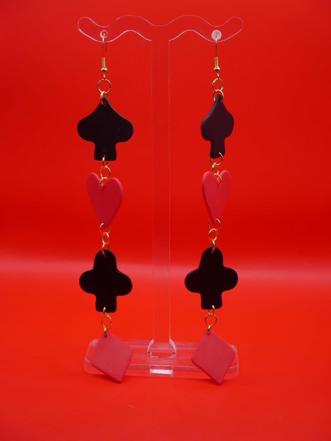 XL Playing Card Suit earrings Love Hand and Heart Red + Black Hooks 